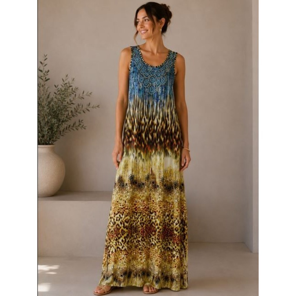 Maxi Dress Medium Mulit Color Animal Print Beaded Boho Beachy Resortwear Festive